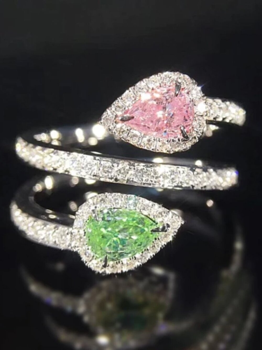 NEW 14k White Gold Colorful Diamond Ring Pink & Green Gemstone Ring